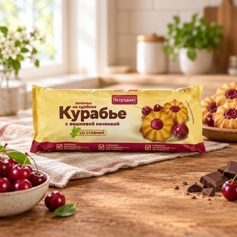 Петродиет Печенье Сдобное шоколадное Курабье с вишневой начинкой на фруктозе фас. 220гр 8шт
