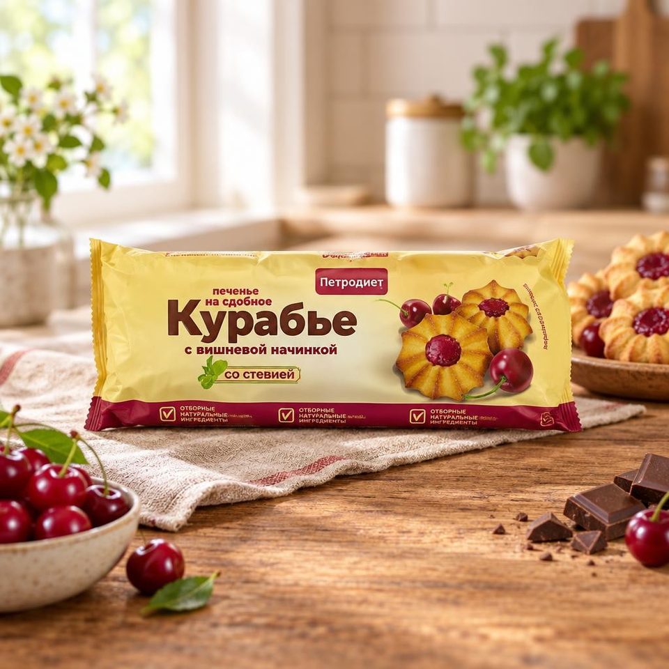 Петродиет Печенье Сдобное шоколадное Курабье с вишневой начинкой на фруктозе фас. 220гр 8шт