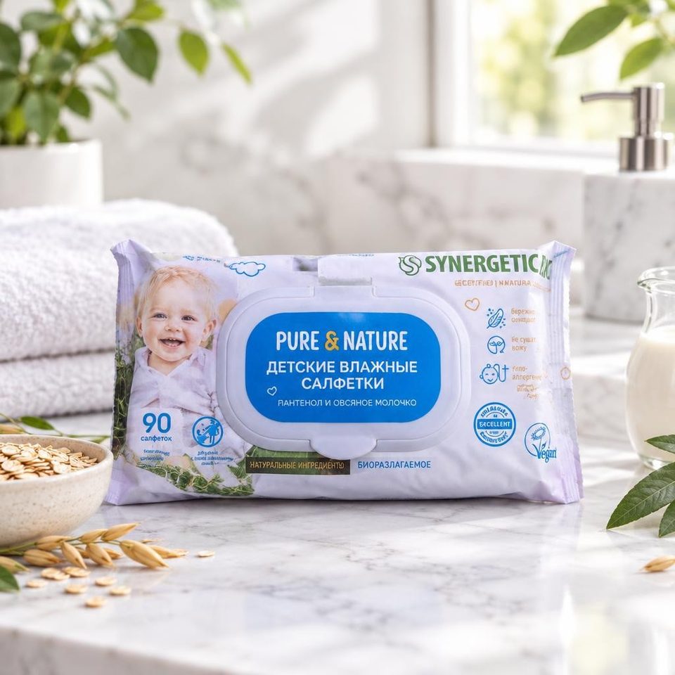 Синергетик Салфетки влажные для детей Pure Nature пантенол и овсяное молочко 90шт
