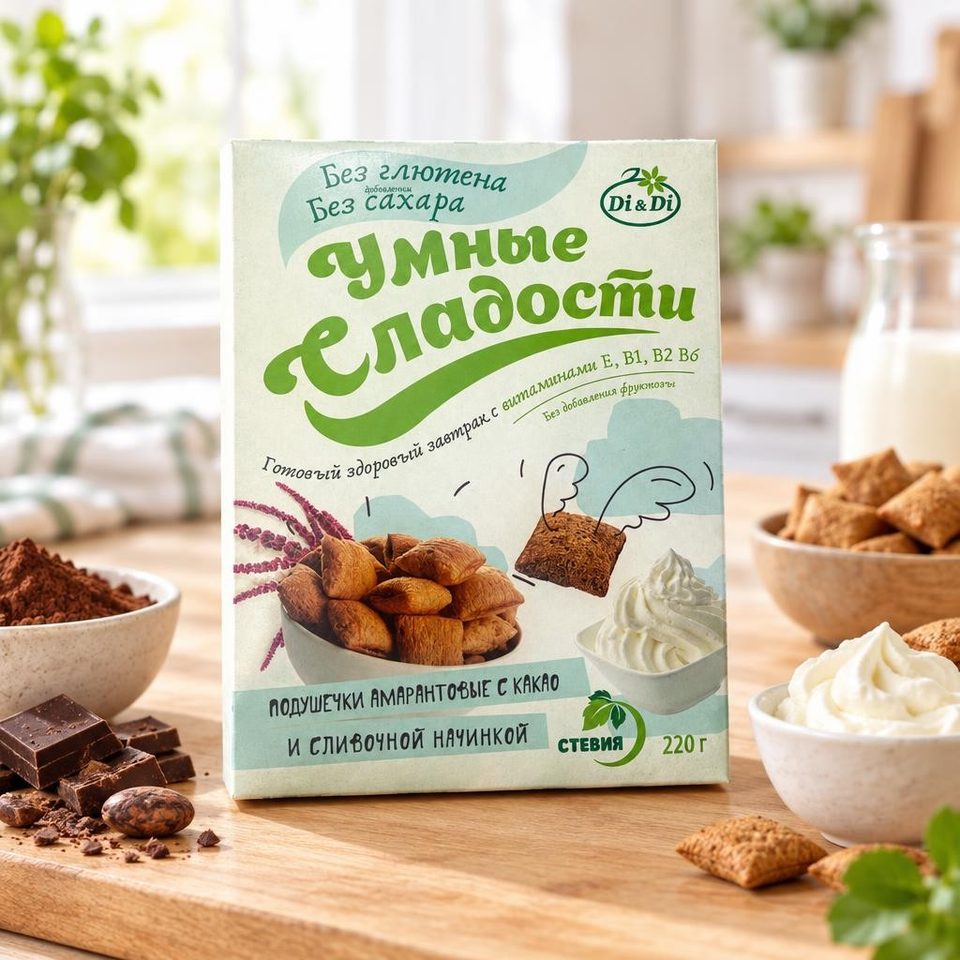 Подушечки амарантовые Умные сладости с какао и сливочной начинкой 220 гр 9 шт
