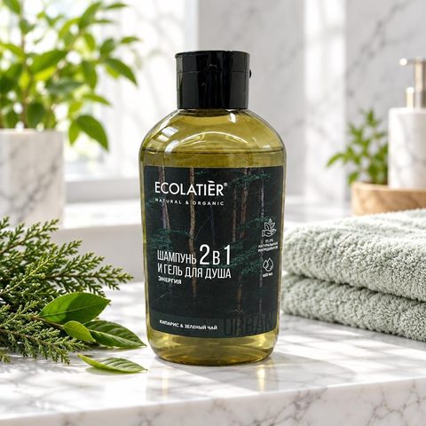 ECOLATIER URBAN Мужской гель для душа и шампунь 2в1 кипарис и зеленый чай 600мл 8шт