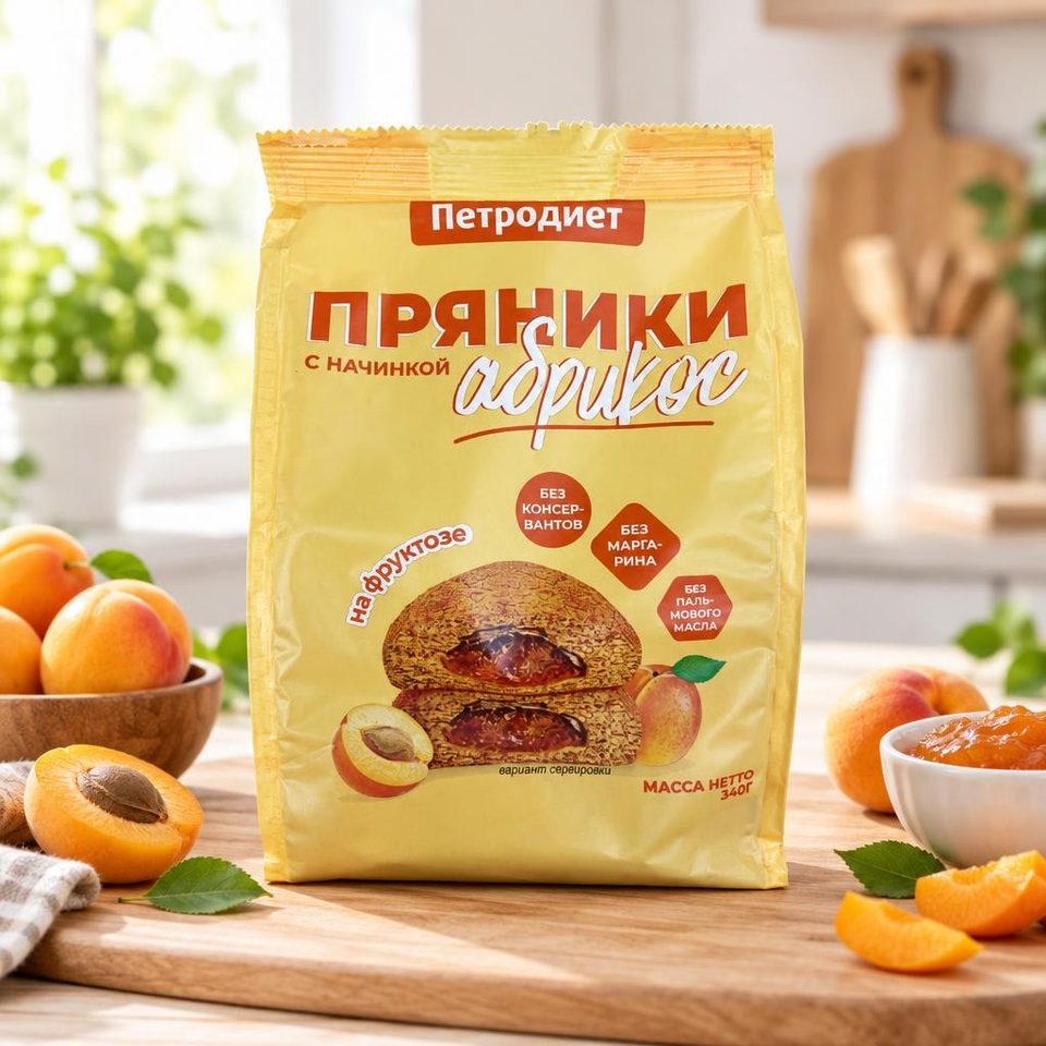 Петродиет Пряники с начинкой на фруктозе Абрикос 340гр 15шт