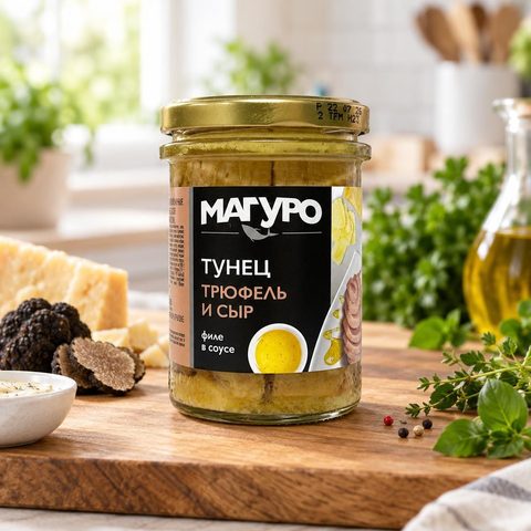 Тунец Магуро полосатый филе в соусе Трюфель с сыром с маслом стекло 200 гр 6 шт