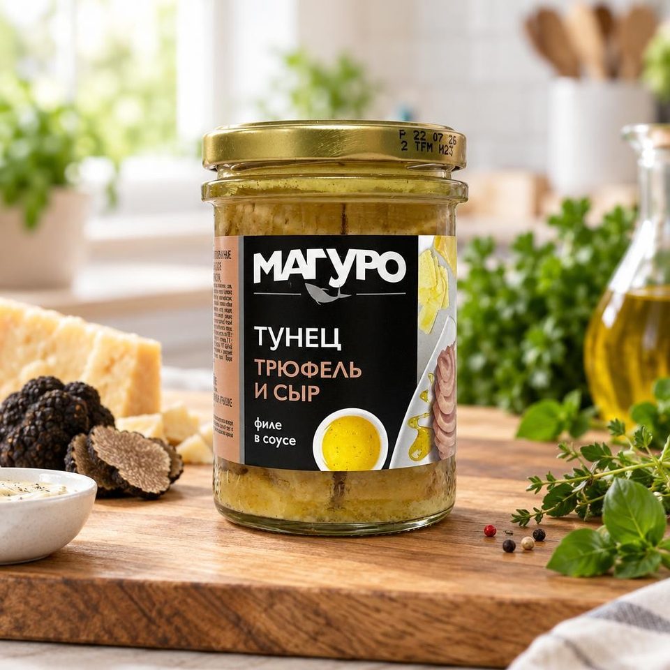 Тунец Магуро полосатый филе в соусе Трюфель с сыром с маслом стекло 200 гр 6 шт