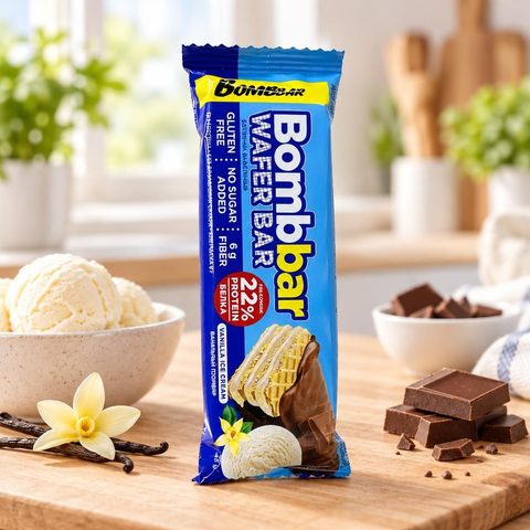 BOMBBAR Батончик глазированный вафельный со вкусом Ванильный пломбир в шоколаде 45гр 20шт