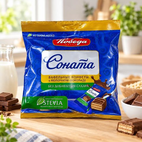 Конфеты пакет подушка вафельные без сахара Соната в молочном шоколаде 150 гр 12шт/кор