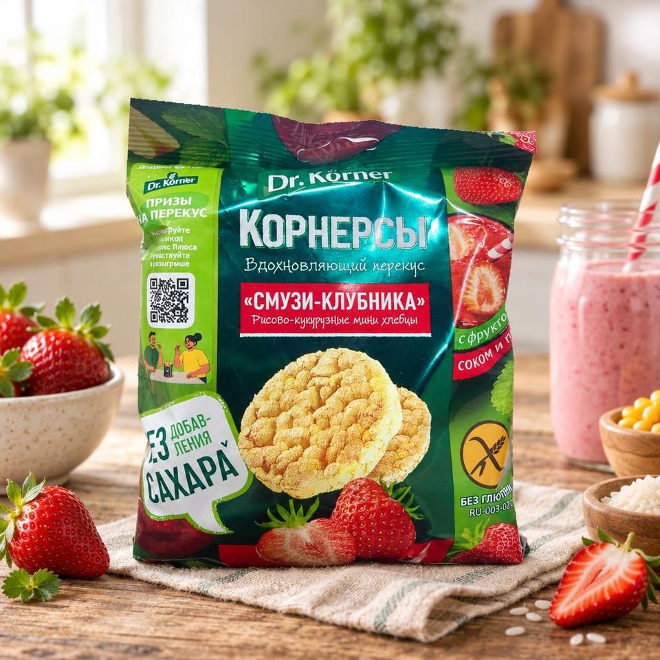 Dr Korner Хлебцы хрустящие Рисово-кукурузные мини хлебцы Смузи-Клубника 40гр 14шт