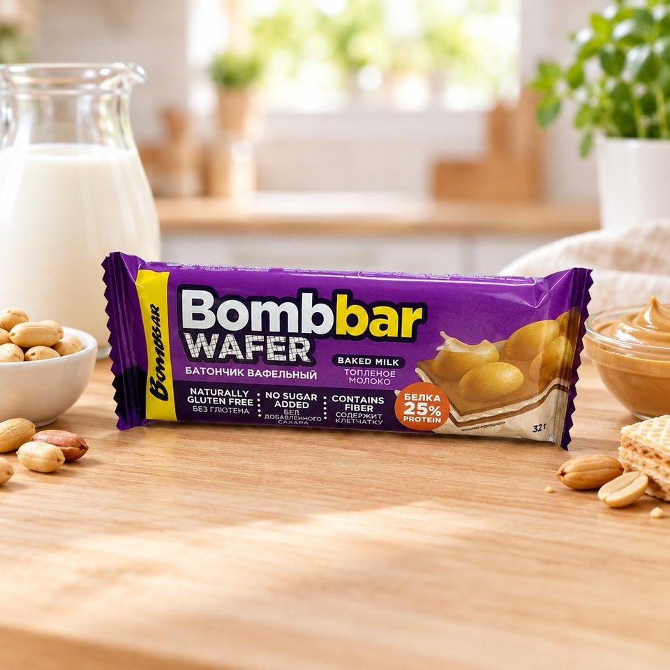 BOMBBAR Батончик вафельный с молочно-ореховой пастой со вкусом Топленого молока 32 гр 20шт