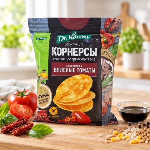 Dr Korner Чипсы цельнозерновые кукуруз-рисовые с вялеными томатами и бальзамиком 50гр 14шт