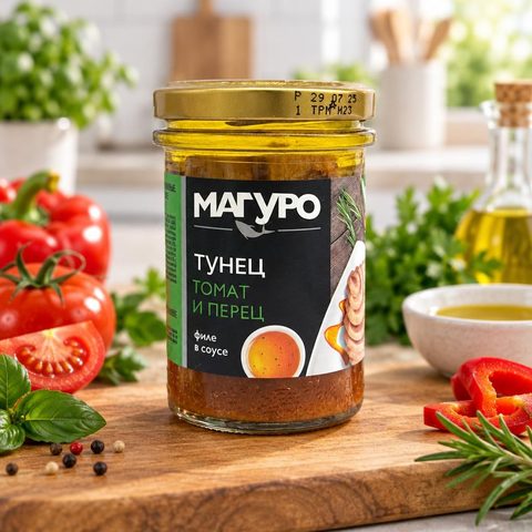 Тунец Магуро полосатый филе в соусе Томат и перец с маслом стекло 200 гр 6 шт