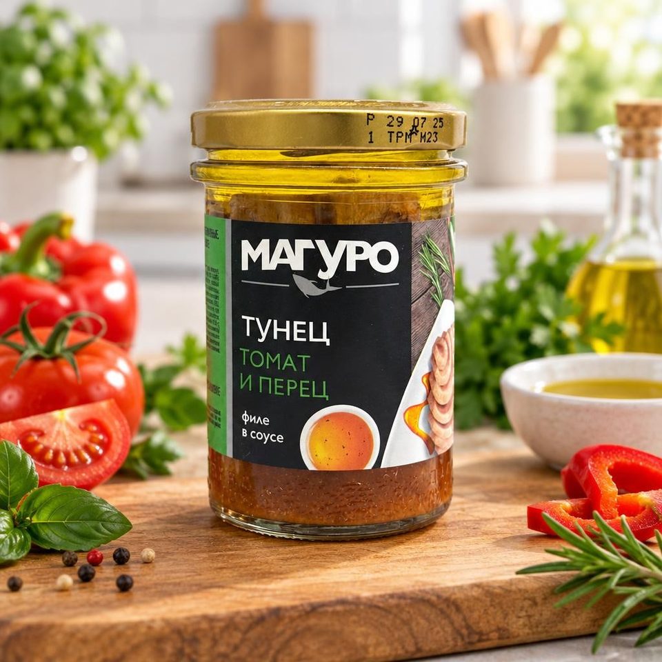 Тунец Магуро полосатый филе в соусе Томат и перец с маслом стекло 200 гр 6 шт