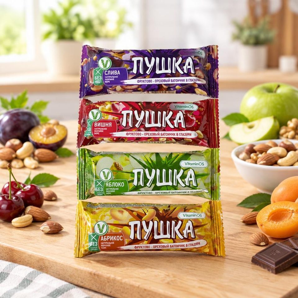 Батончик ПУШКА фруктово-ореховая конфета в глазури Ассорти 45 гр 24 шт