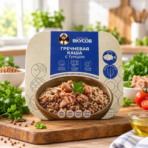 Капитан Вкусов Тунец полосатый филе-кусочки с гречневой крупой с доб.масла не лит.170 г 12 шт