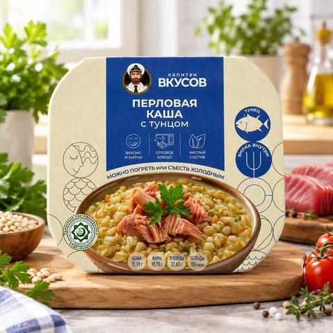 Капитан Вкусов Тунец полосатый филе-кусочки с перловой крупой с добавлением масла 170 гр 12 шт