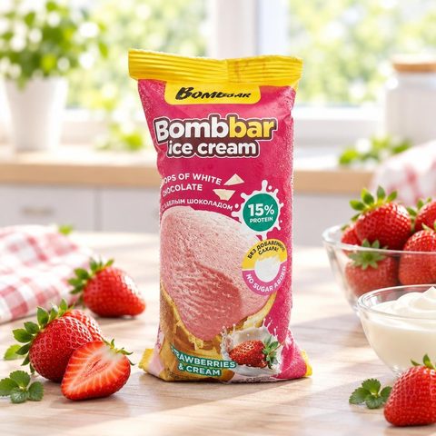 Bombbar Мороженое молочное протеиновое вафельном стаканчике со вкусом Клубника 90гр 24шт
