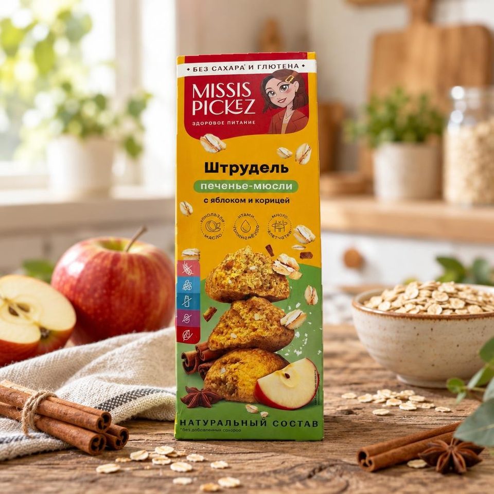 Nutvill Печенье Мюсли штрудель с яблоком и корицей Missis Pickez 100г