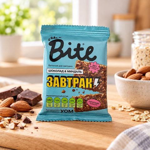 Bitey батончик арахисово-злаковый "Шоколад-миндаль для завтрака", 40гр