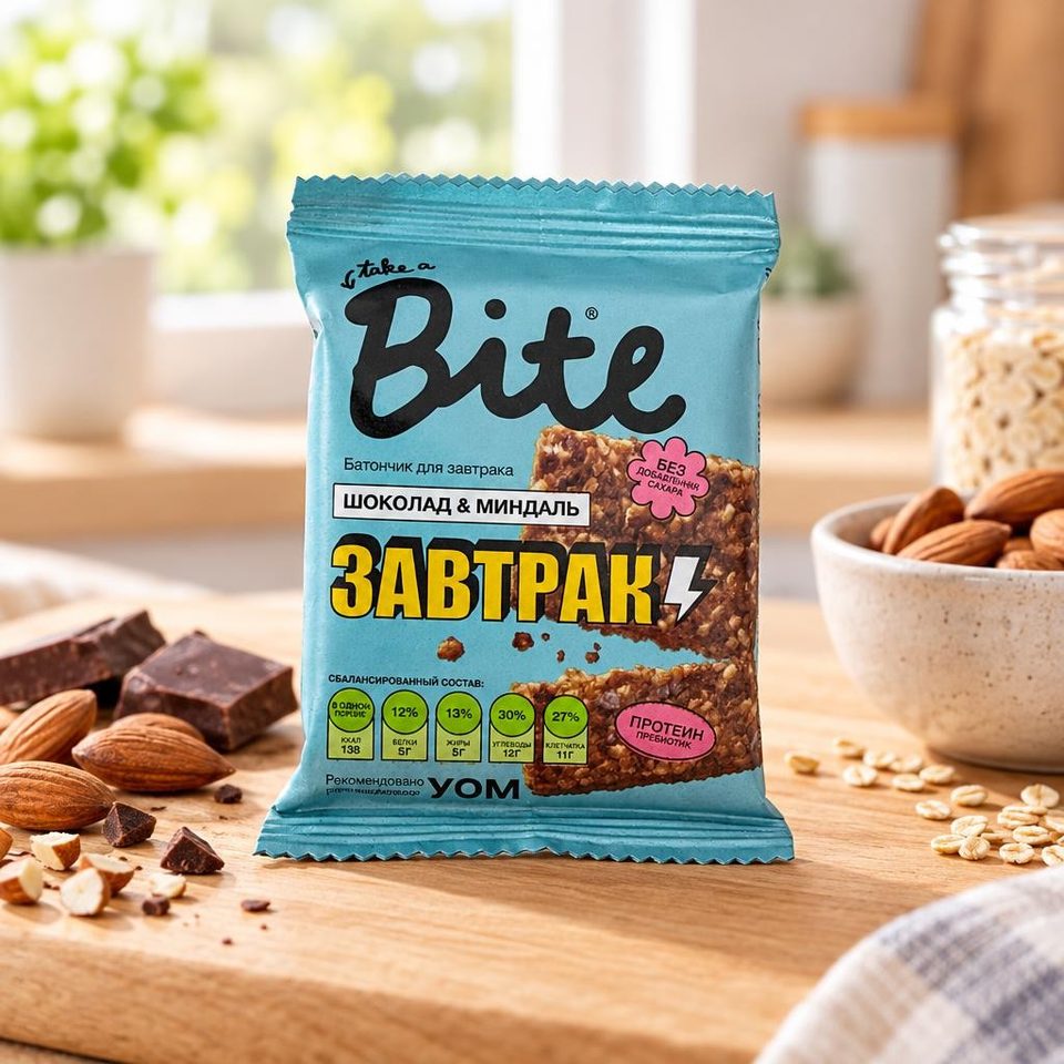 Bitey батончик арахисово-злаковый "Шоколад-миндаль для завтрака", 40гр