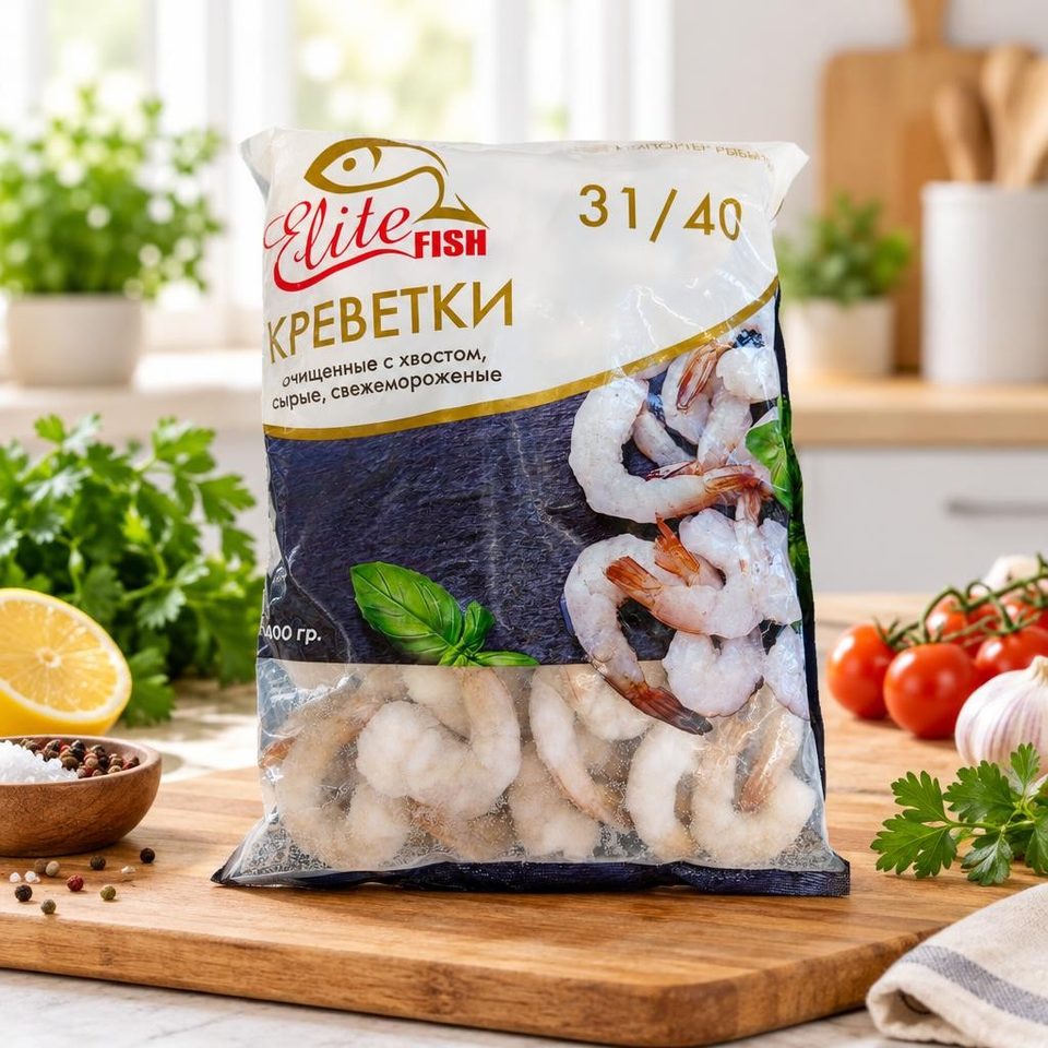 Креветки очищенные с хвостом, сырые 31/40