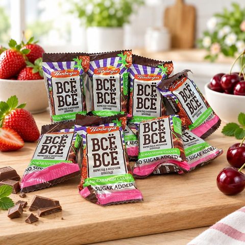 Конфеты весовые "ВСЁ-ВСЁ"  желейные в молоч шоколаде со вкусами вишни,клубники, земляники 3кг