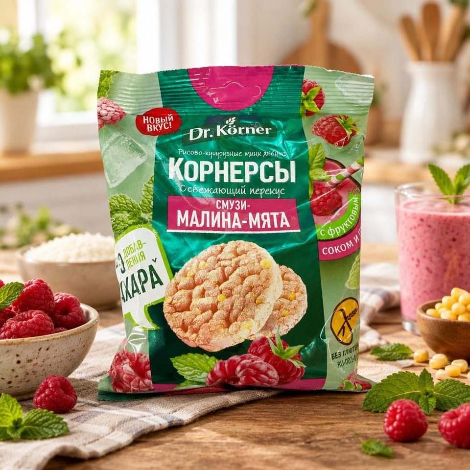 Dr Korner Хлебцы хрустящие Рисово-кукурузные мини хлебцы Смузи-Малина-Мята 40гр 14шт