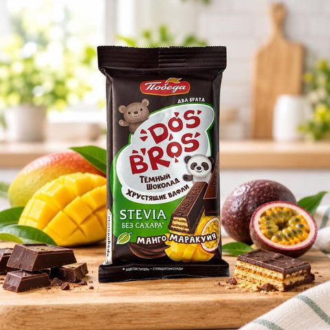 Шоколад темный Dos Bros с хрустящей вафлей  с начинкой манго-макракуя без сахара 12 гр 1.2кг