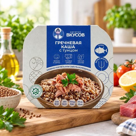 Капитан Вкусов Тунец полосатый филе-кусочки с гречневой крупой с доб.масла не лит.230 г 8 шт