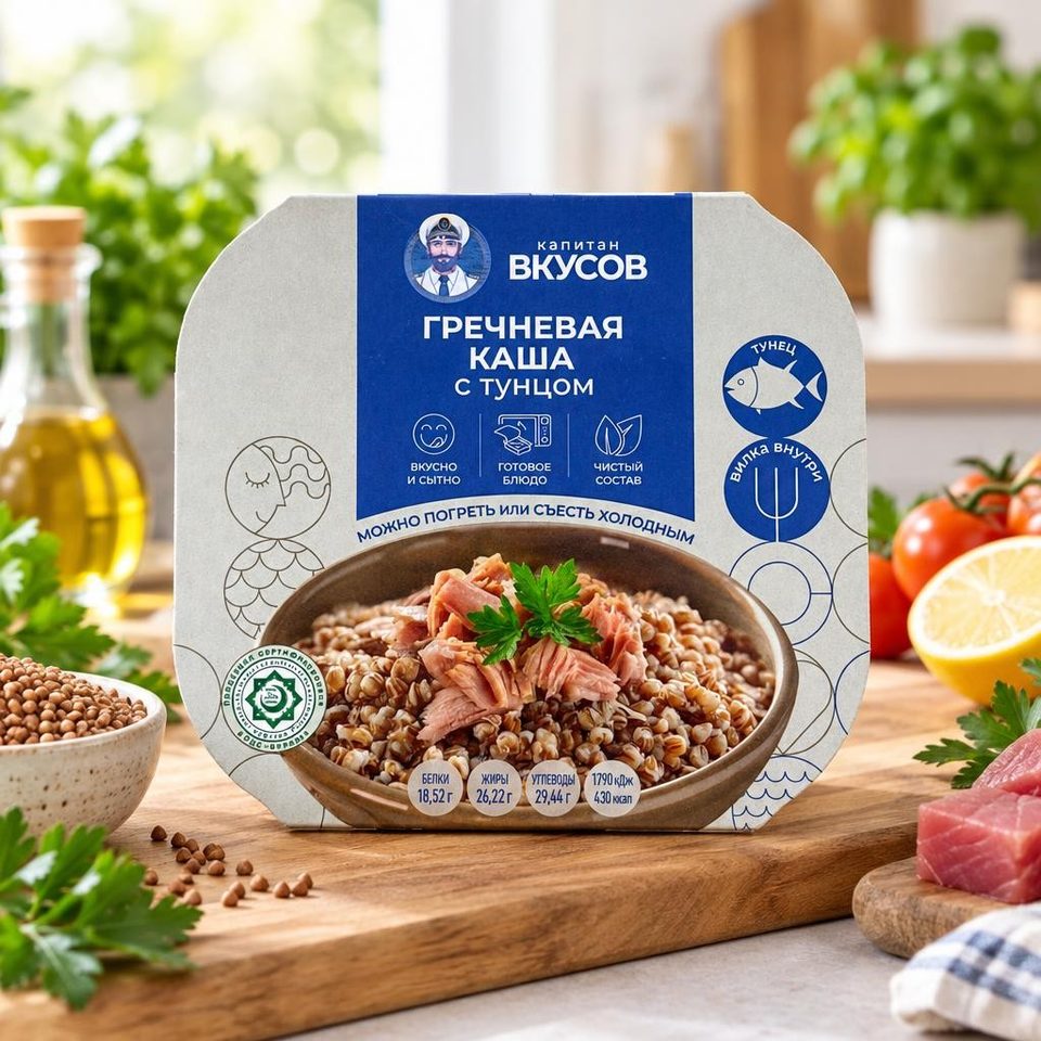 Капитан Вкусов Тунец полосатый филе-кусочки с гречневой крупой с доб.масла не лит.230 г 8 шт