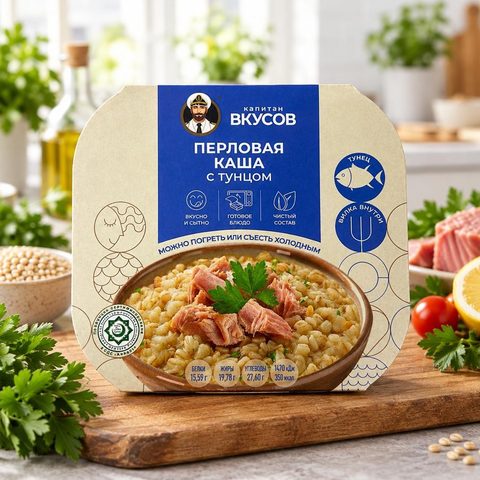 Капитан Вкусов Тунец полосатый филе-кусочки с перловой крупой с добавлением масла 230 гр 8 шт