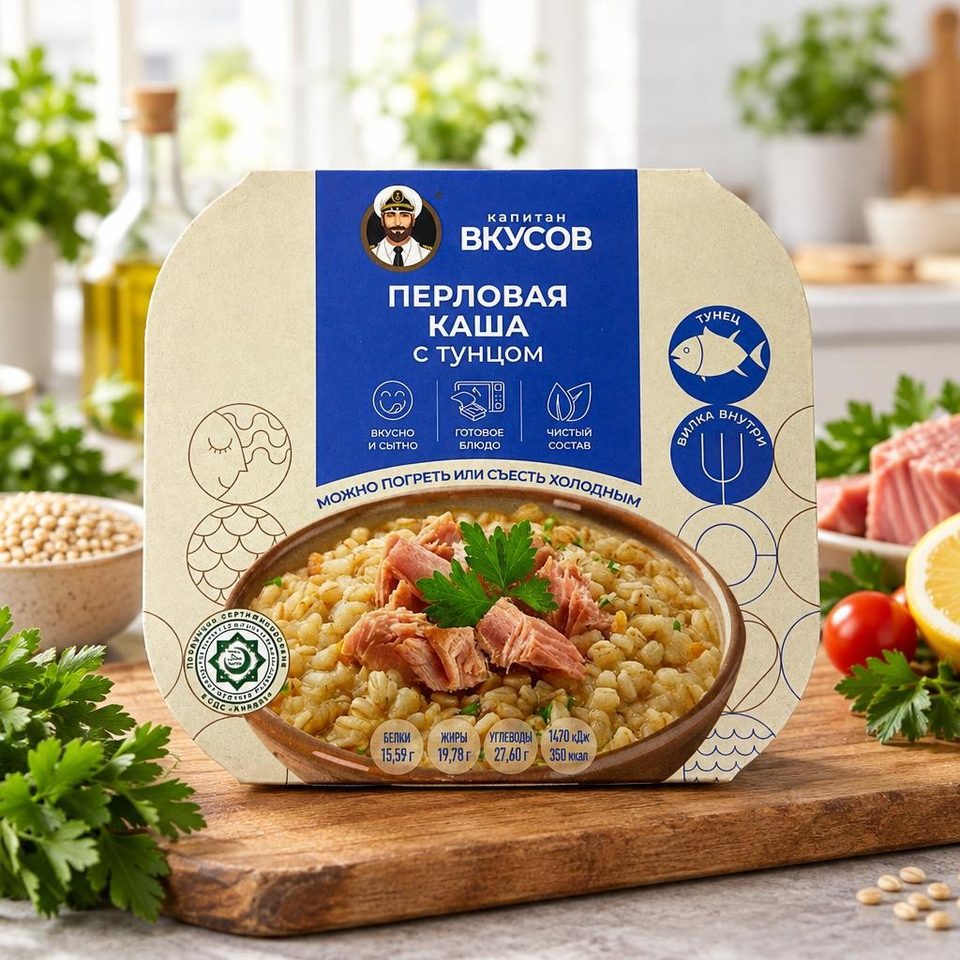Капитан Вкусов Тунец полосатый филе-кусочки с перловой крупой с добавлением масла 230 гр 8 шт
