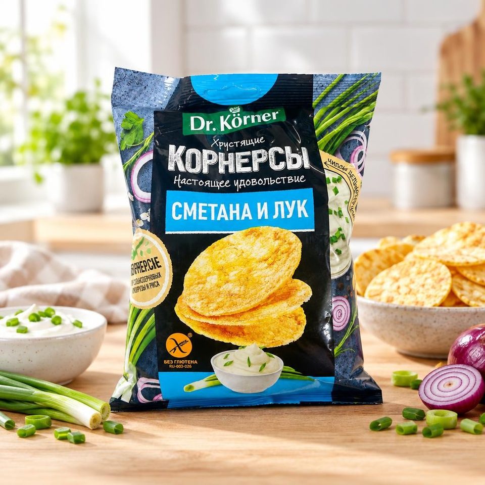 Dr Korner Чипсы цельнозерновые кукуруз-рисовые со сметоной и зеленым луком 50гр 14шт