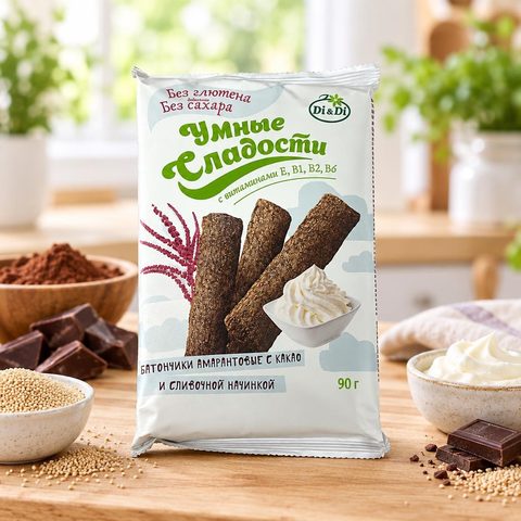 Батончики  Умные сладости амарантовые с какао и сливочной начинкой  90гр